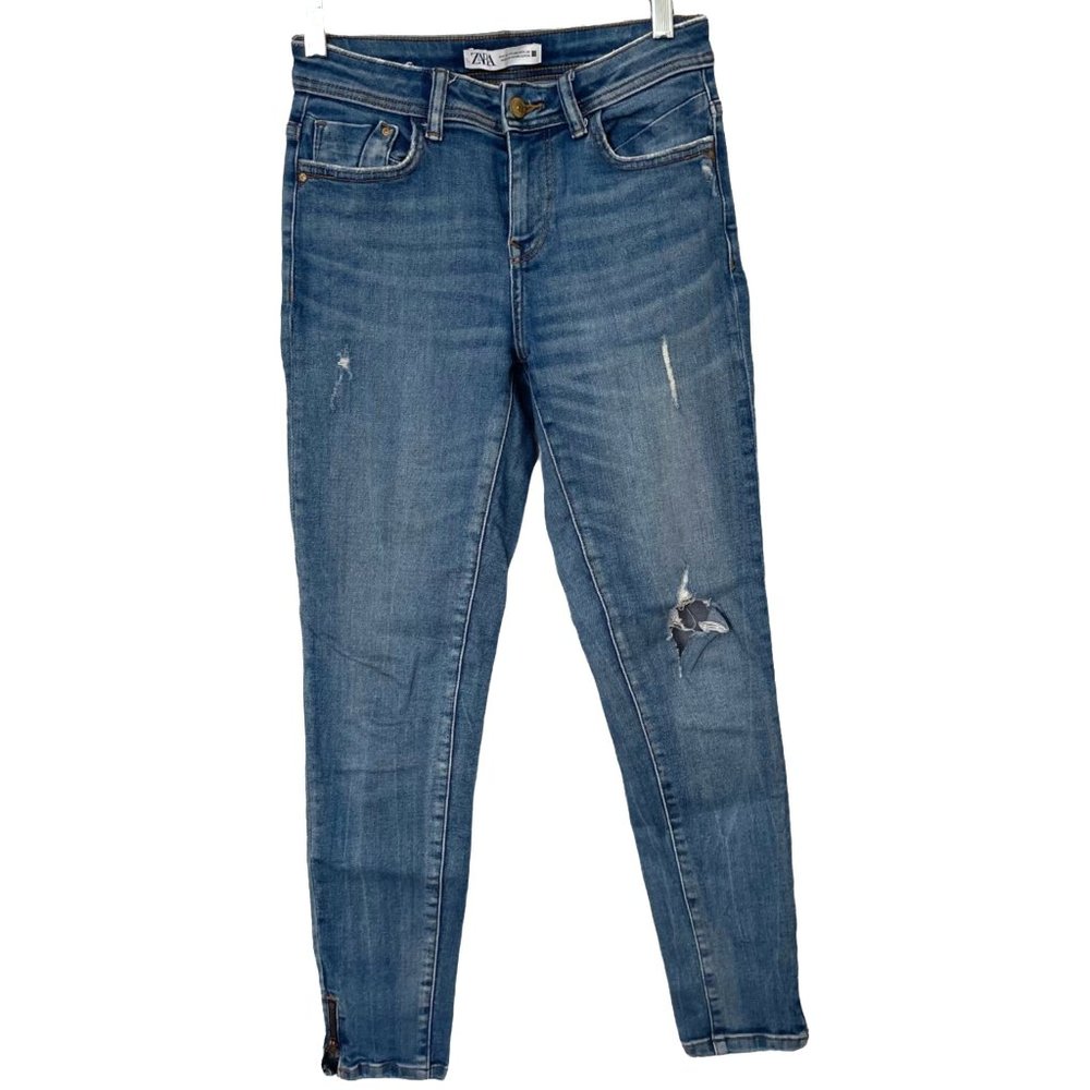 Zara Ankle Zip Jeans Womens Blue Distressed Ripped Stretch Denim Size 4